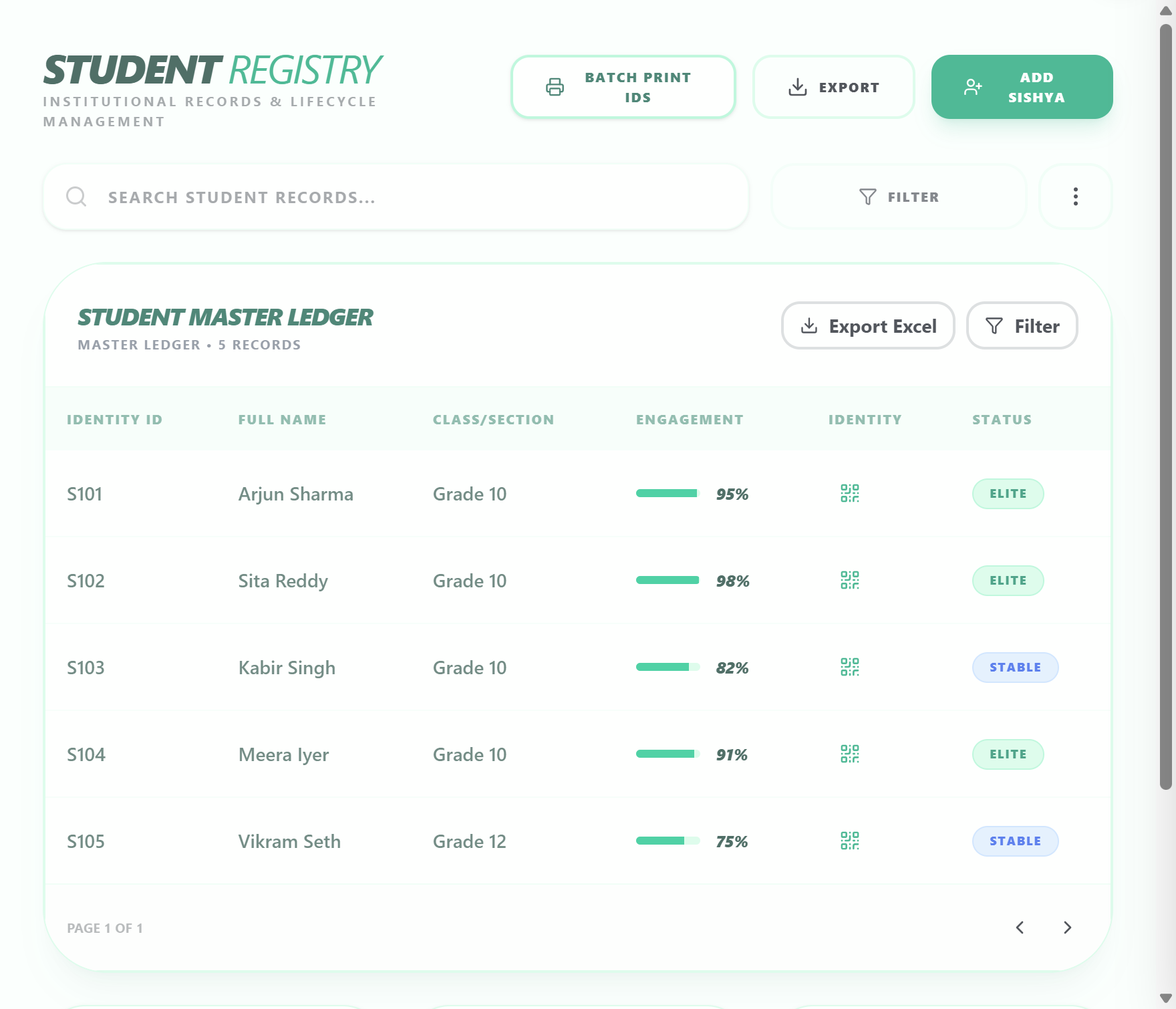 Student Registry screen