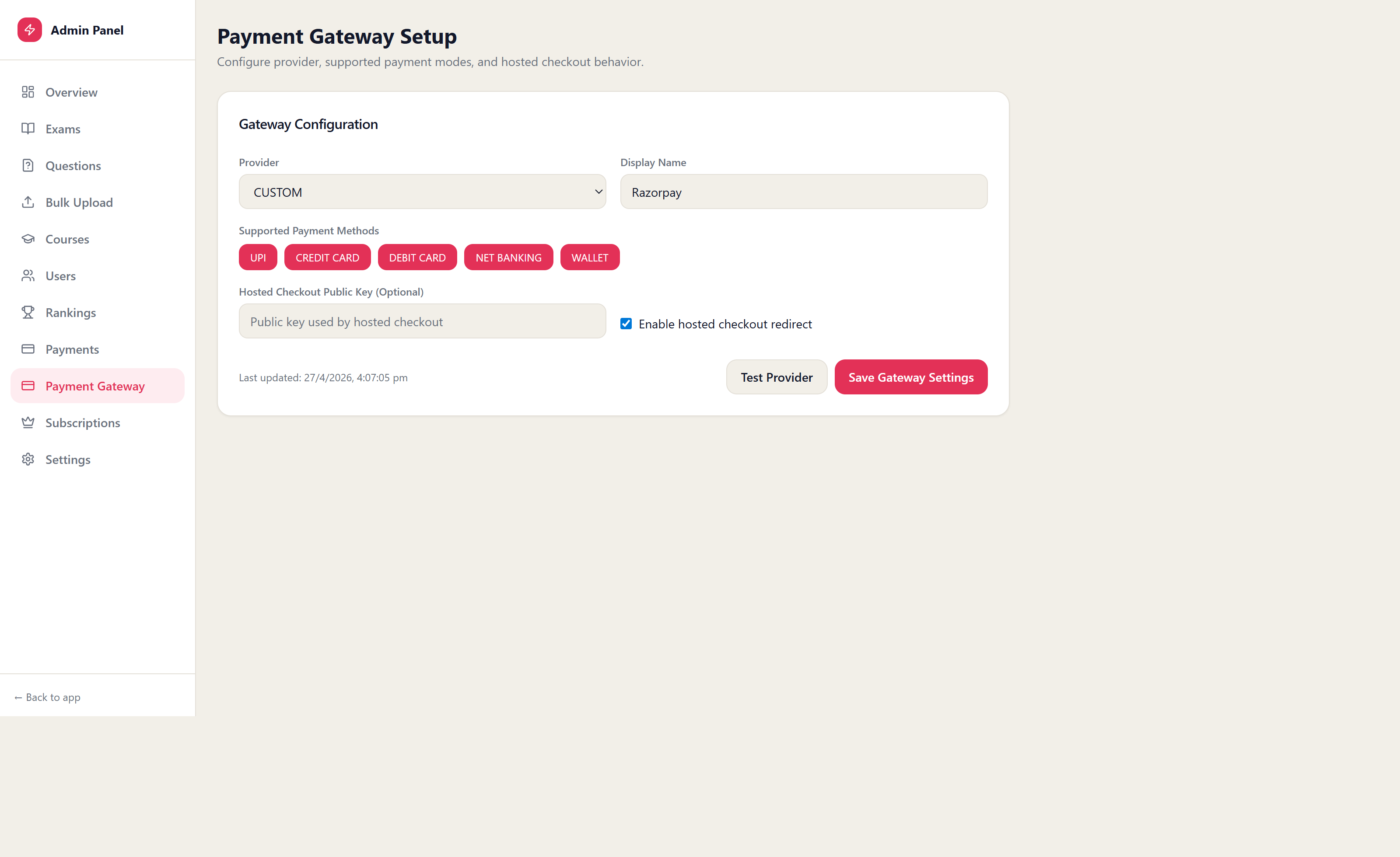 Admin payment gateway screen