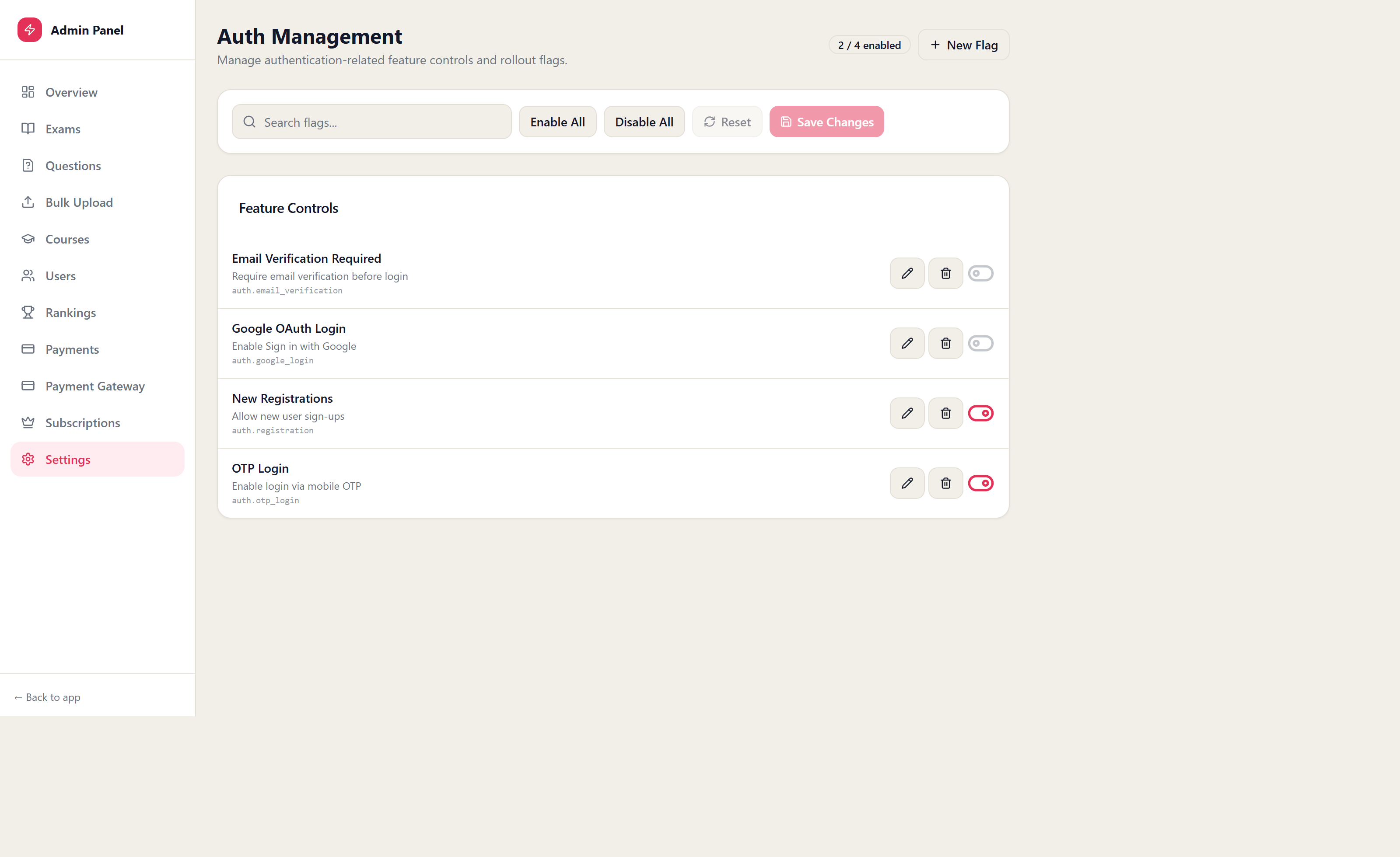 Admin auth settings screen