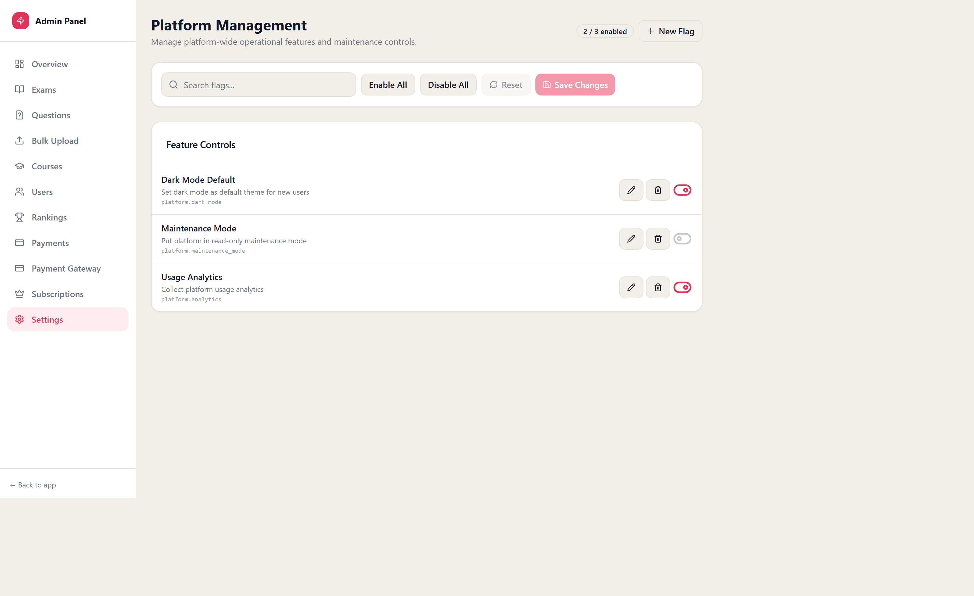 Admin platform settings screen
