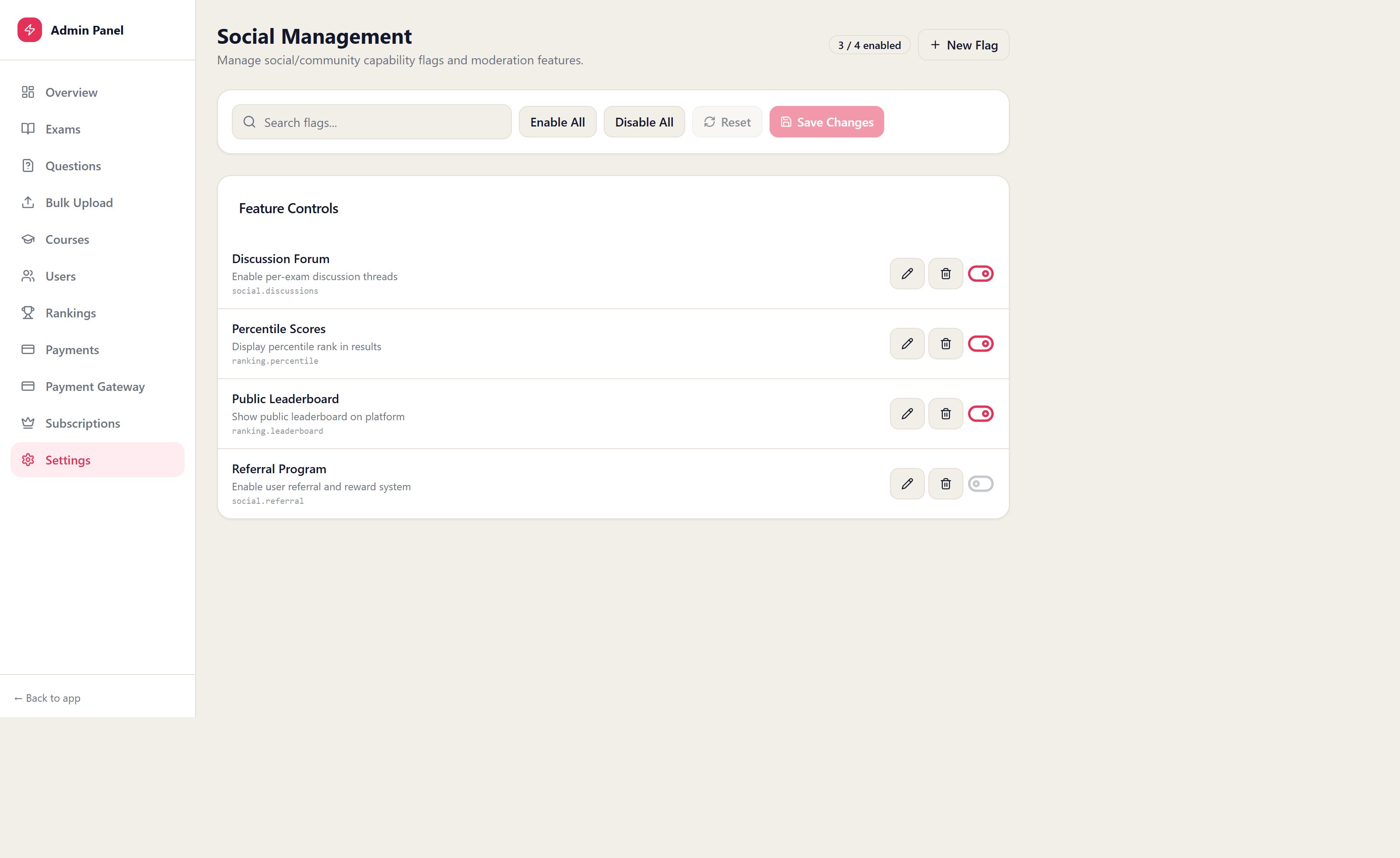 Admin social settings screen