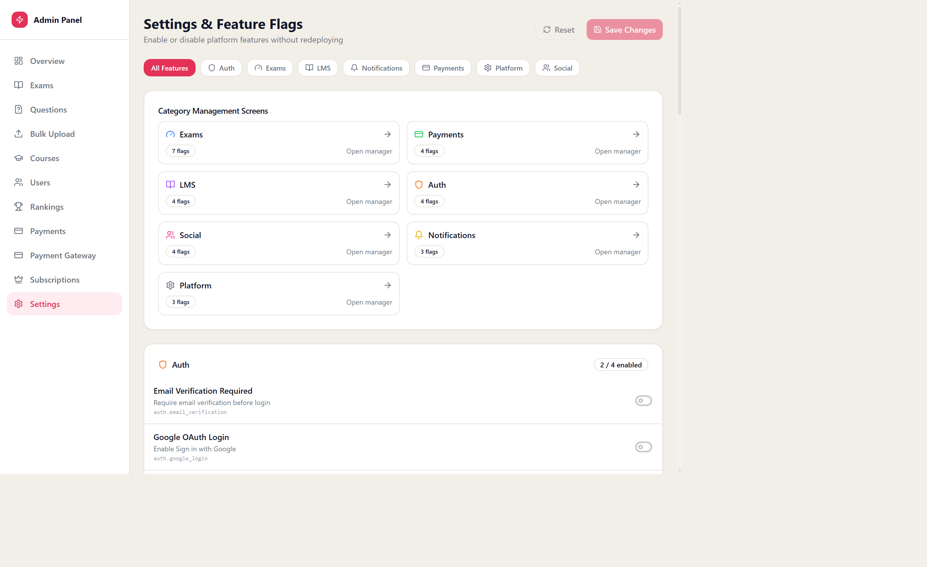 Admin settings overview screen
