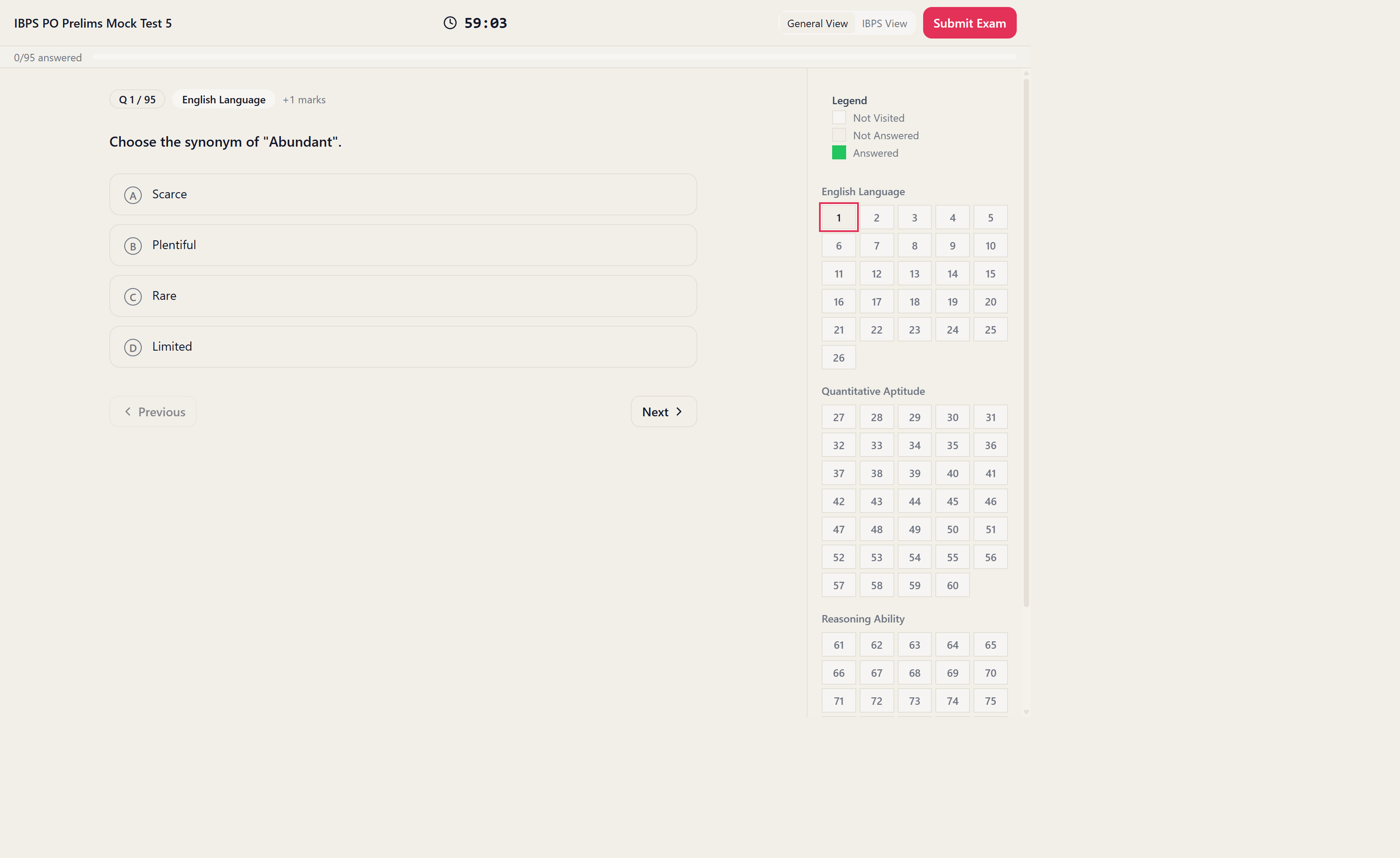 Post start exam interface screen