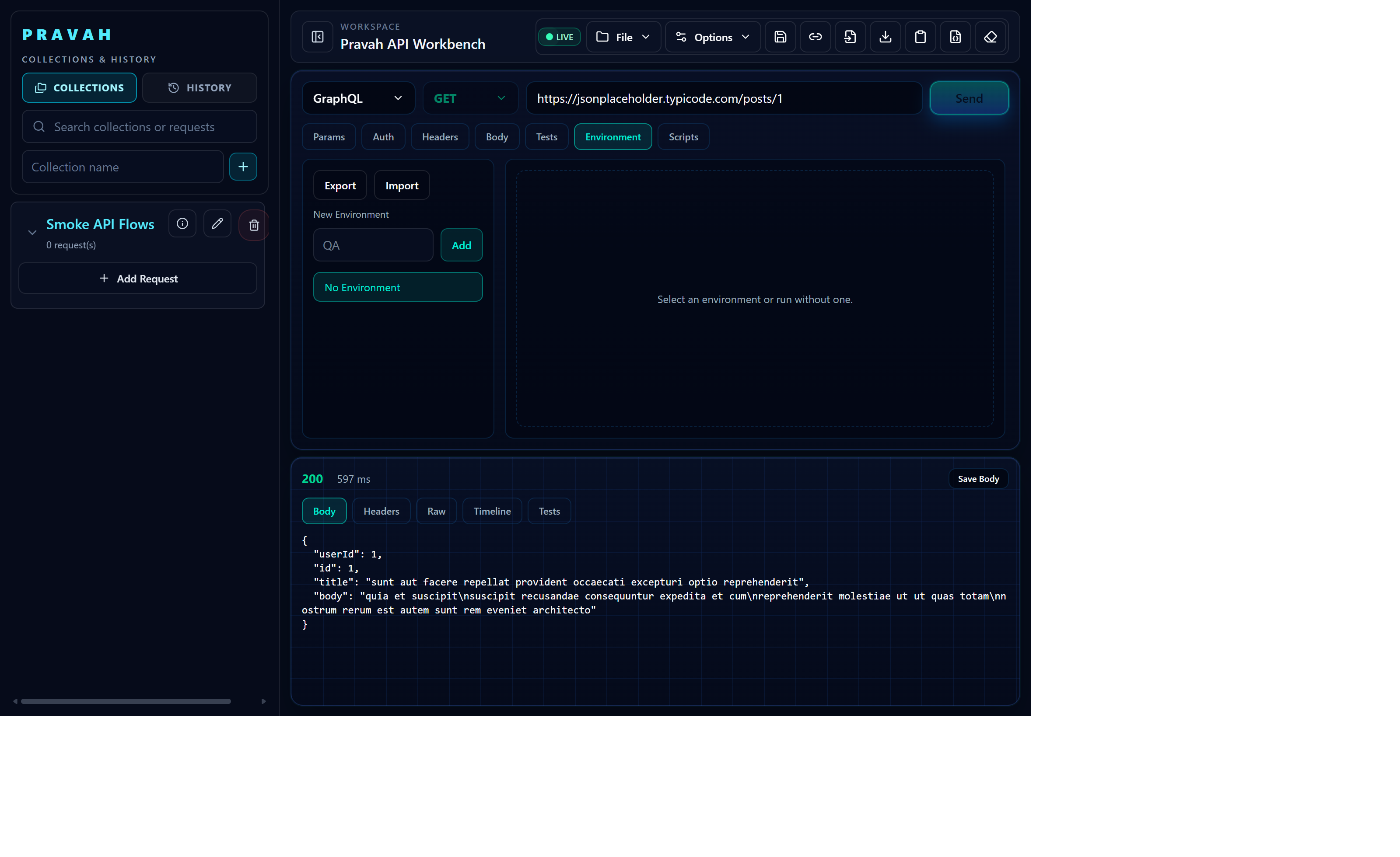 Pravah GraphQL protocol mode screen
